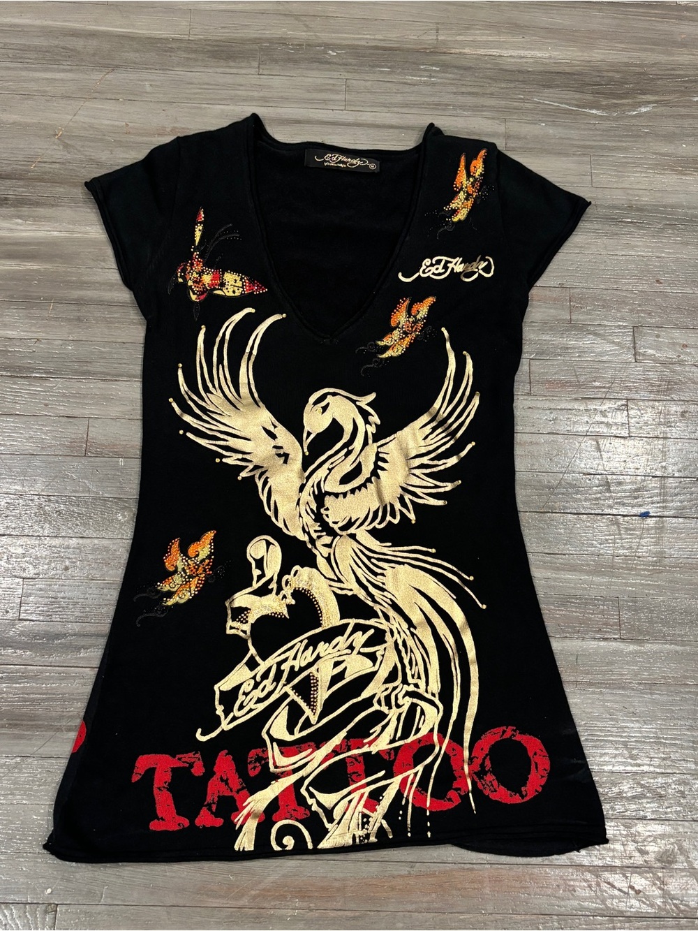 Ed Hardy Black V-Neck Tee with Gold Phoenix and Red Accents